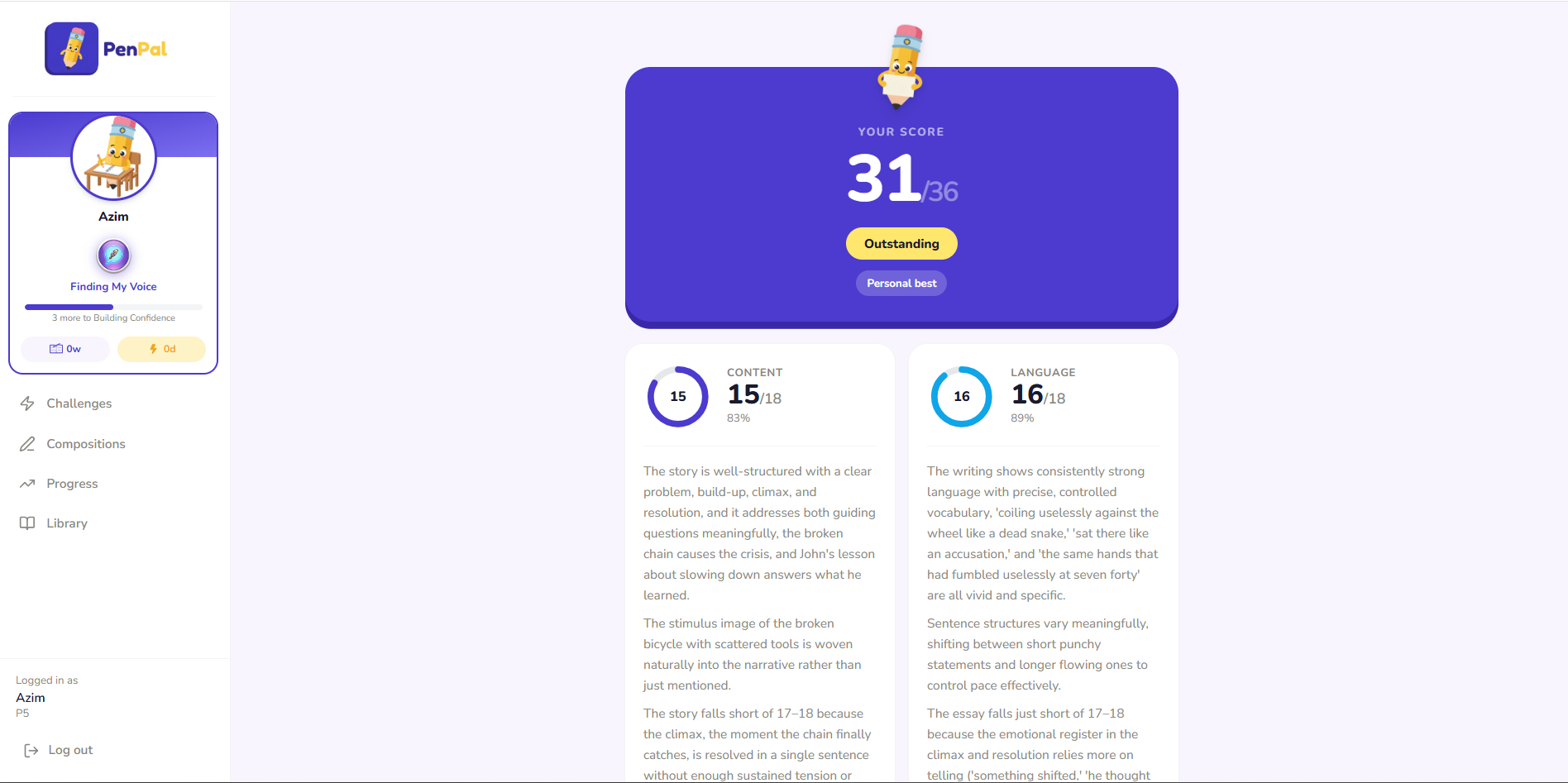 AI Marking feedback screen